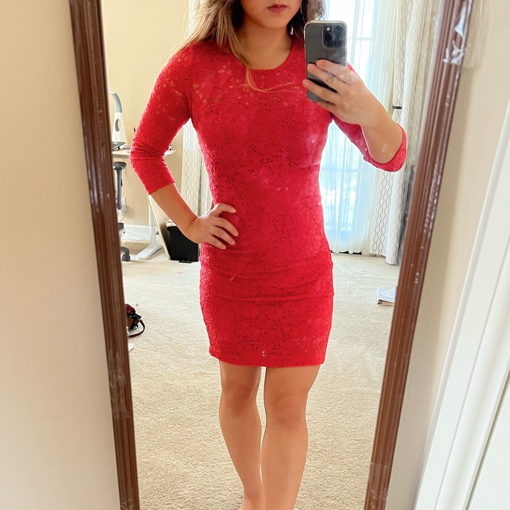 2B Bebe coral red bodycon lace sheath dress